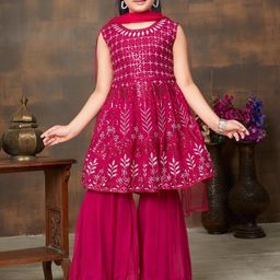 BAESD Girls Ethnic Motifs Embroidered Sequinned A-Line Kurta & Sharara With Dupatta-picture-20