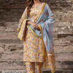 KALINI Floral Printed Keyhole Neck Pure Cotton Kurta with Trousers & Dupatta-23