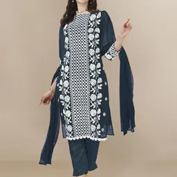 HERE&NOW Floral Embroidered Chikankari Kurta with Trousers & Dupatta-image-107