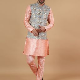 Wintage Straight Kurta with Churidar & Printed Nehru Jacket-image-73