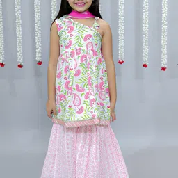 Ka-mee Girls Printed Pure Cotton Kurti with Sharara & Dupatta-image-38