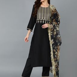 KALINI Floral Yoke Design Thread Work Straight Kurta With Trousers & Dupatta-image-36