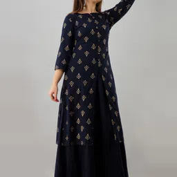 HERE&NOW Navy Blue & Gold-Toned Ethnic Motifs Printed Kurta with Skirt-34