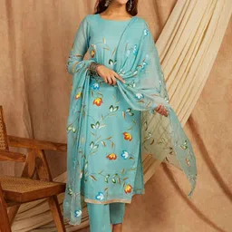 Rangeelo Women Floral Printed Regular Pure Cotton Kurta Trousers With Dupatta-image-14