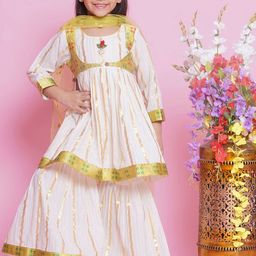 Little Bansi Girls Embroidered Round Neck Pure Cotton Kurta with Sharara & Dupatta-image-20