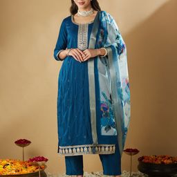 MOKOSH Ethnic Motifs Embroidered Sequinned Straight Kurta With Trousers & Dupatta-image-64