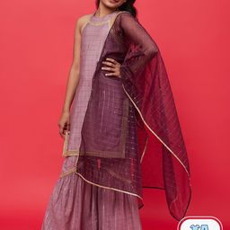 Aks Kids Girls Checked Embroidered Regular Sequinned Kurta With Sharara & Dupatta-image-25