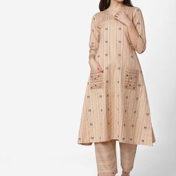 Saanjh Brown Striped Regular A-Line Kurta With Trousers-9