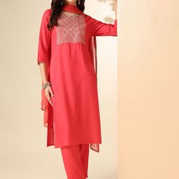 Anouk Ethnic Motifs Yoke Design Mirror Work Straight Kurta & Trousers With Dupatta-picture-16