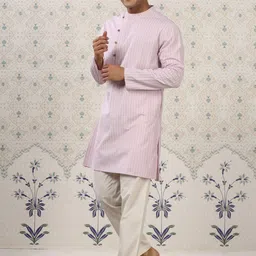 Ode by House of Pataudi Pink & White Striped Kurta with Pyjamas-picture-19