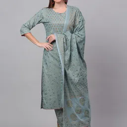 KALINI Women Sea Green Printed Mirror Work Pure Cotton Kurta with Trousers & Dupatta-image-52