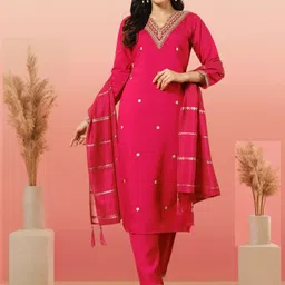 MORLY Women Embroidered Regular Thread Work Raw Silk Kurta with Trousers & With Dupatta-picture-45