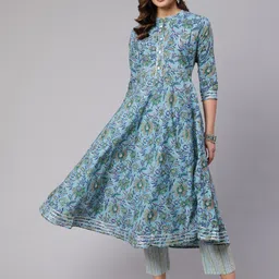 GLAM ROOTS Band Collar Floral Printed Gotta Patti Pure Cotton A-line Kurta With Trousers-42