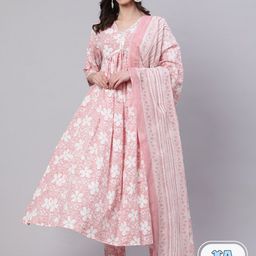 NISHABD Floral Printed Regular Mirror Work Pure Cotton Kurta with Trousers & With Dupatta-image-19