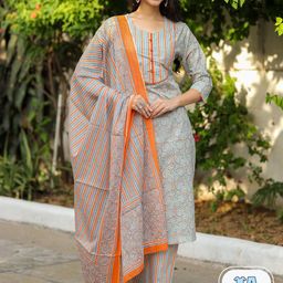 KALINI Ethnic Motifs Printed Pure Cotton Kurta with Trousers & Dupatta-15