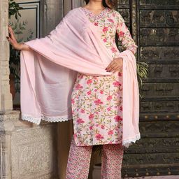 SINGNI Floral Printed Thread Work Pure Cotton Straight Kurta With Trousers & Dupatta-image-26