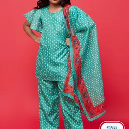 Aks Kids Girls Bandhani Printed Regular Kurta with Palazzos & With Dupatta-image-0
