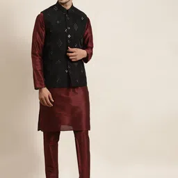 SOJANYA Mandarin Collar Straight Kurta with Churidar with Mirror Work Nehru Jacket-picture-28