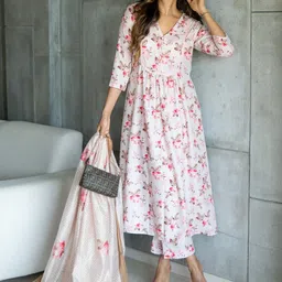 Ambraee Women Pink Floral Printed Kurta with Trousers With Dupatta-picture-54