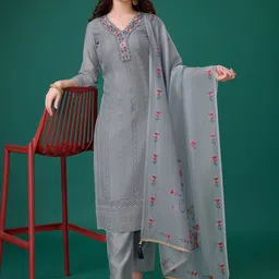 MOJILAA Embroidered Beads & Stones Chanderi Silk Straight Kurta With Trousers & Dupatta-image-66