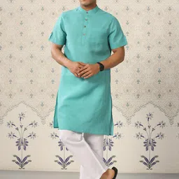 Ode by House of Pataudi Turquoise Blue & White  Band Collar Straight Kurta with Pyjamas-picture-0