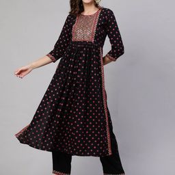 NISHABD Ethnic Motifs Printed High Slit A-Line Sequinned Kurta With Palazzos-25