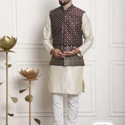 SOJANYA Striped Regular Kurta & Pyjamas With Woven Design Nehru Jacket-picture-41