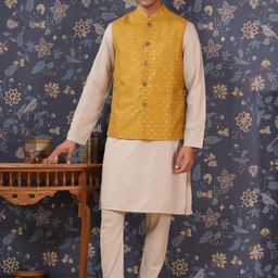 House of Pataudi Striped Straight Kurta With Churidar & Embroidered Nehru Jacket-32