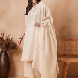 House of Pataudi Floral Embroidered Pure Cotton Straight Kurta With Trouser & Dupatta-picture-29