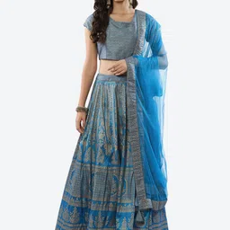 Biba Women Blue & Gold Printed Ready to Wear Lehenga & Blouse With Dupatta-picture-30