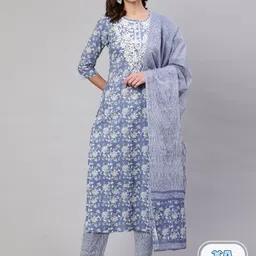 Mizaz Floral Printed Thread Work Pure Cotton Kurta With Trousers & Dupatta-picture-40