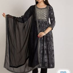 Mizaz Floral Printed Empire Thread Work Kurta With Trousers & Dupatta-34