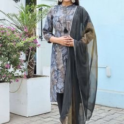 Chandbaali Floral Printed Band Collar Mirror Work Linen Kurta with Trousers & Dupatta-image-53