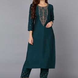 AHIKA Floral Printed Round Neck Embroidered Straight Kurta with Trouser-57