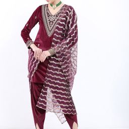 KETCH Women Ethnic Motifs Embroidered Velvet Kurta with Dhoti Pants & With Dupatta-image-28