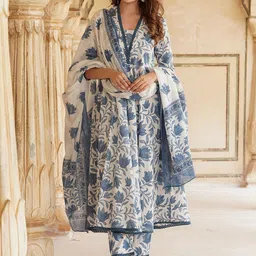 KALINI Floral Printed Pure Cotton Anarkali Kurta With Trousers & Dupatta-16