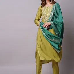 FASHOR Lime Green Embroidered Straight Kurta With Trouser & Dupatta-image-60