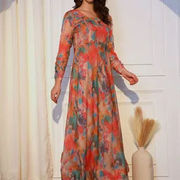 KALINI Abstract Round Neck Anarkali Pleated Belted Detail Kurta With Trousers & Dupatta-picture-49