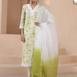 Rain & Rainbow Floral Printed Pure Cotton Straight Kurta With Trousers & Dupatta-51