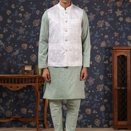 House of Pataudi Printed Straight Kurta With Churidar & Nehru Jacket-picture-39