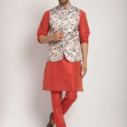 Kaifoo Mandarin Collar Kurta with Churidar & Printed Nehru Jacket-picture-11