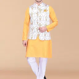 PRINTCULTR Mandarin Collar Pure Cotton Straight Kurta With Trouser Printed Nehru Jacket-picture-9