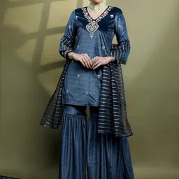 Vishudh Women Embroidered Knitted Velvet Kurta with Sharara & With Dupatta-image-29