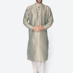 NAMASKAR Men Floral Printed Regular Dupion Silk Kurta with Churidar-12
