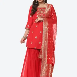 Biba Women Red Floral Embroidered Kurta with Sharara & With Dupatta-image-48