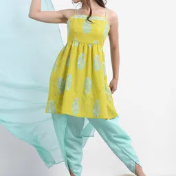 Vishudh Lime Green Floral Printed Empire A-line Kurta With Dhoti Pants & Dupatta-image-60