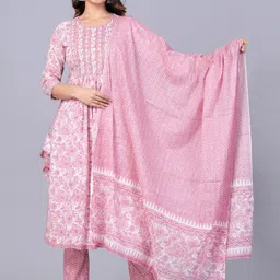 KALINI Floral Printed Regular Mirror Work Pure Cotton Kurta With Trousers & Dupatta-11
