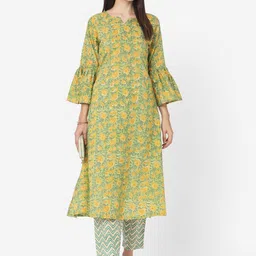 KALINI Floral Printed Bell Sleeves Pure Cotton Kurta with Trousers-picture-40