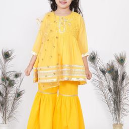 Little Bansi Girls Yellow Floral Embroidered Gotta Patti Pure Cotton Kurta with Sharara & With Dupatta-image-75