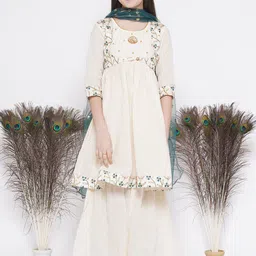 Little Bansi Girls Floral Embroidered Pure Cotton Kurta with Sharara & Dupatta-picture-10